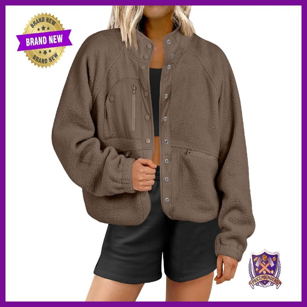 Fuzzy Fleece Cropped Jacket with Pockets, Sherpa, Button Front, XS-XL